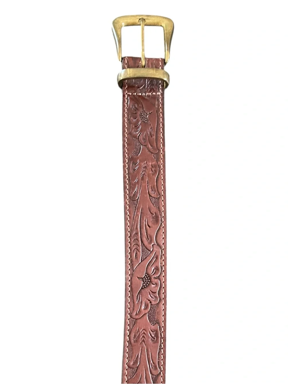 Brown Leather Floral Print Tooled Belt with Gold Finish Country Western Boho